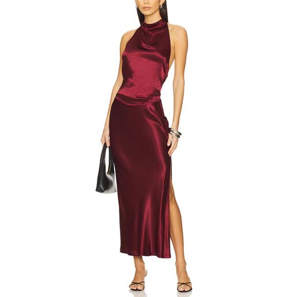 ENZA COSTA Satin Bias Slip Skirt Women Large Ruby Red Maxi Side Slit Pull On NEW - Picture 1 of 16